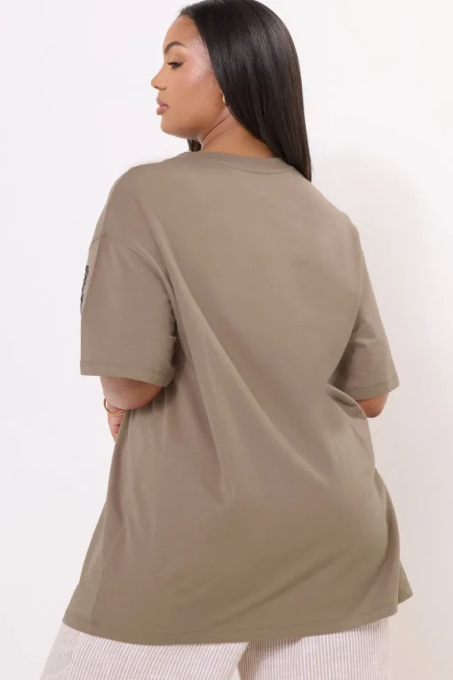 Yours Curve Mocha Brown Floral Embroidered Oversized T-Shirt