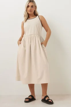 Yours Curve Natural Brown Contrast Blanket Stitch Midi Dress