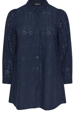 Yours Curve Navy Blue Broderie Anglaise Long Sleeve Shirt