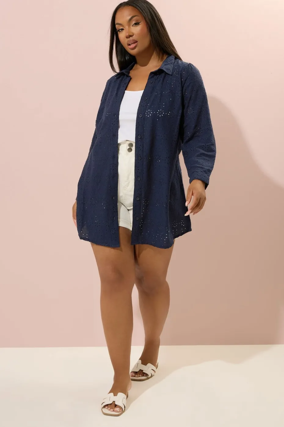 Yours Curve Navy Blue Broderie Anglaise Long Sleeve Shirt