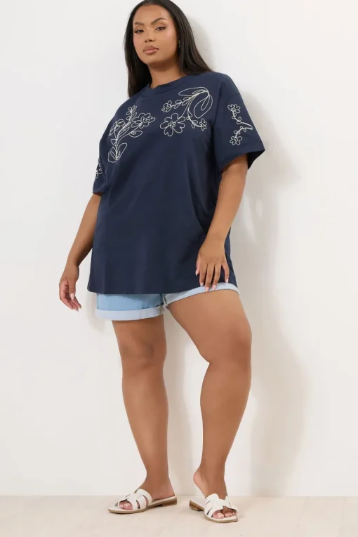 Yours Curve Navy Blue Floral Embroidered Oversized T-Shirt