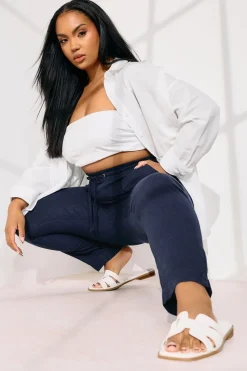 Yours Curve Navy Blue Linen Tie Front Joggers