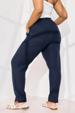 Yours Curve Navy Blue Linen Tie Front Joggers