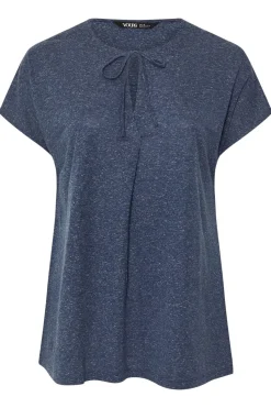 Yours Curve Navy Blue Linen Marl Tie Front Top