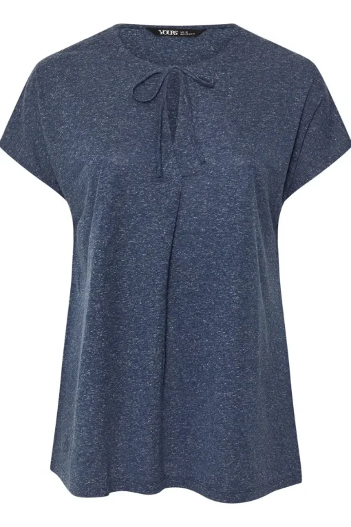 Yours Curve Navy Blue Linen Marl Tie Front Top