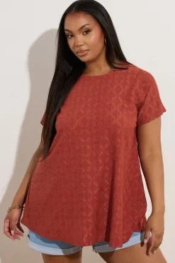Yours Curve Orange Broderie Anglaise Textured Swing Top