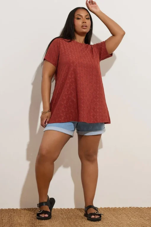 Yours Curve Orange Broderie Anglaise Textured Swing Top