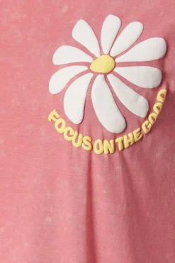 Yours Curve Pink Acid Wash 'Focus On The Good' Daisy Back Print T-Shirt