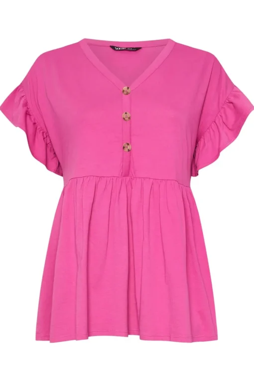 Yours Curve Pink Button Frill Sleeve Peplum Top