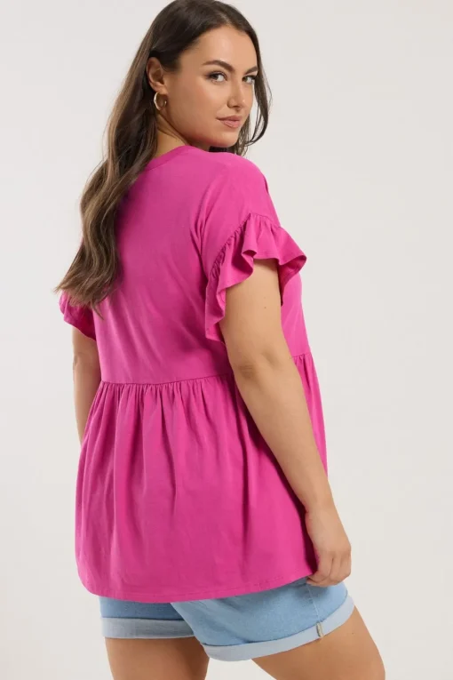 Yours Curve Pink Button Frill Sleeve Peplum Top