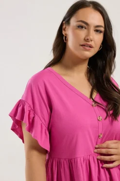 Yours Curve Pink Button Frill Sleeve Peplum Top