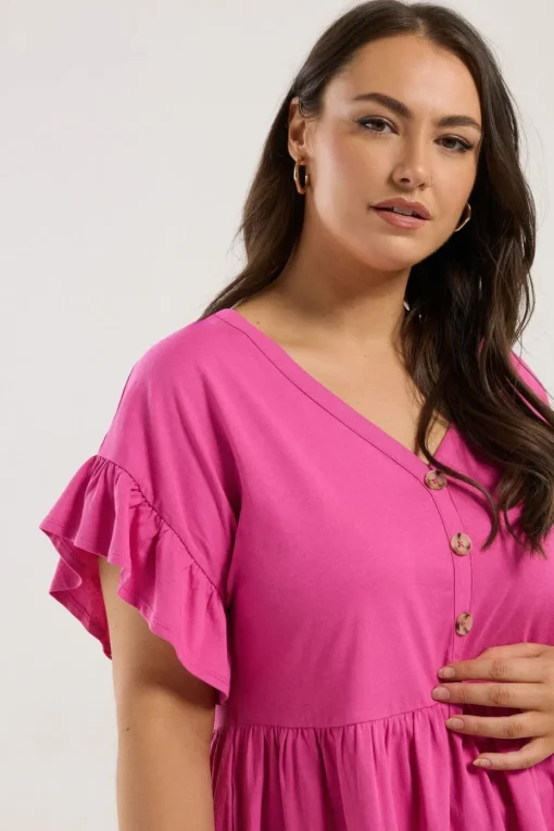 Yours Curve Pink Button Frill Sleeve Peplum Top