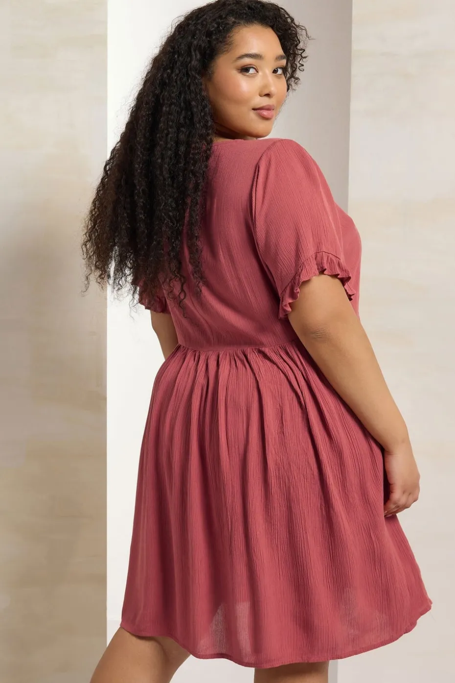 Yours Curve Pink Crochet Trim Tie Neck Mini Dress