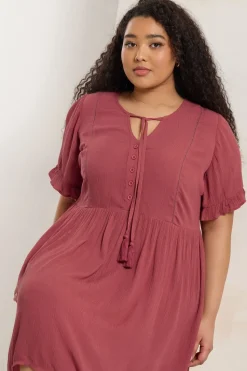 Yours Curve Pink Crochet Trim Tie Neck Mini Dress