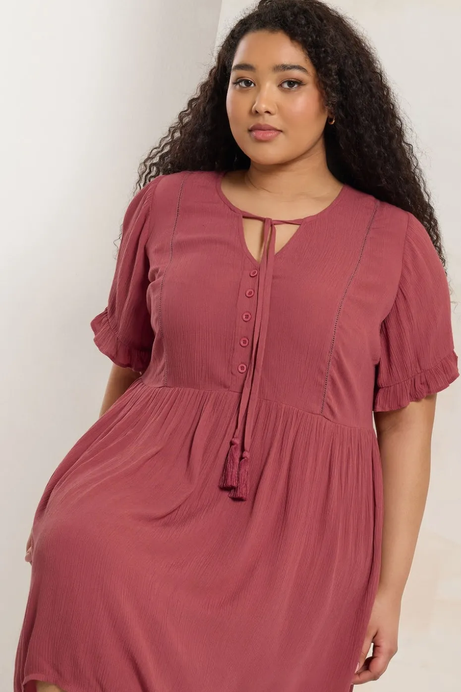 Yours Curve Pink Crochet Trim Tie Neck Mini Dress