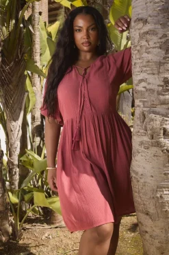 Yours Curve Pink Crochet Trim Tie Neck Mini Dress