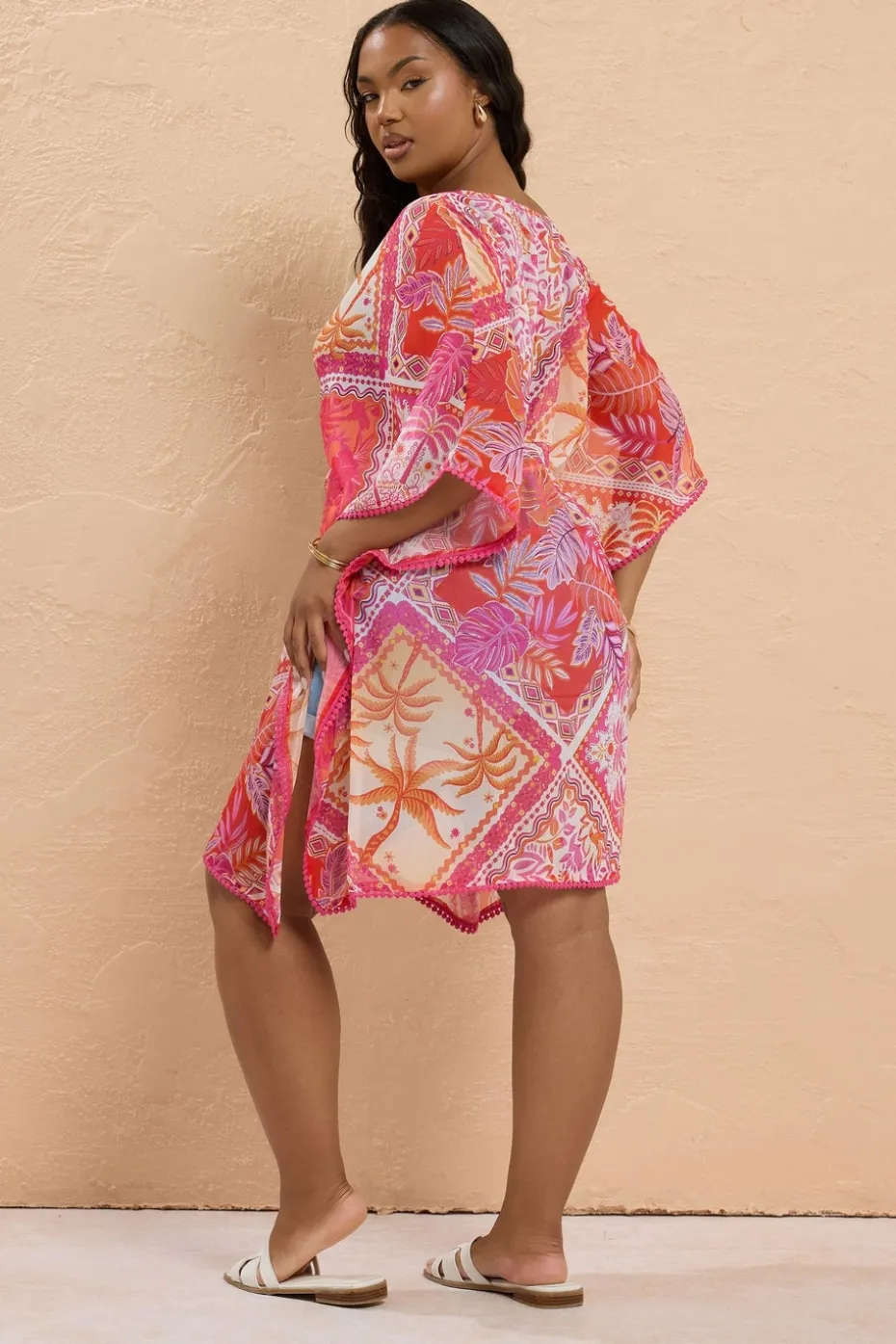 Yours Curve Pink Tropical Palm Print Chiffon Kimono