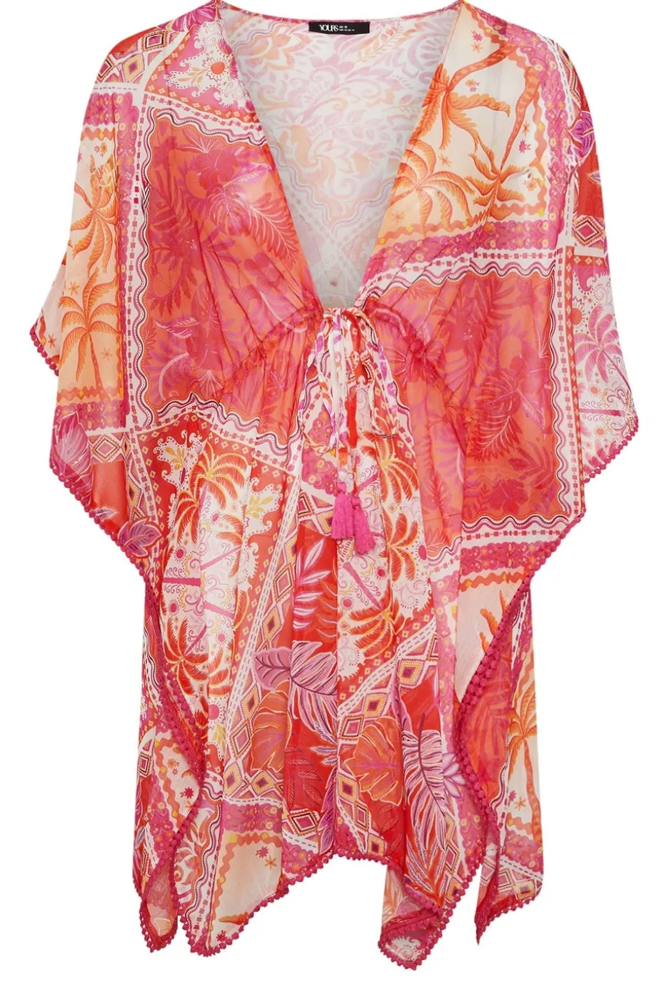 Yours Curve Pink Tropical Palm Print Chiffon Kimono
