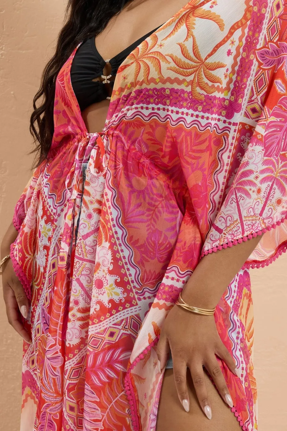 Yours Curve Pink Tropical Palm Print Chiffon Kimono