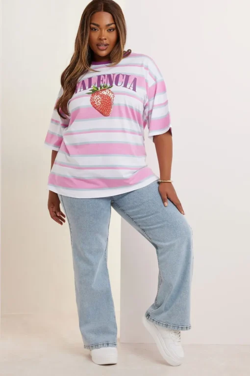 Yours Curve Pink 'Valencia' Slogan Stripe T-Shirt