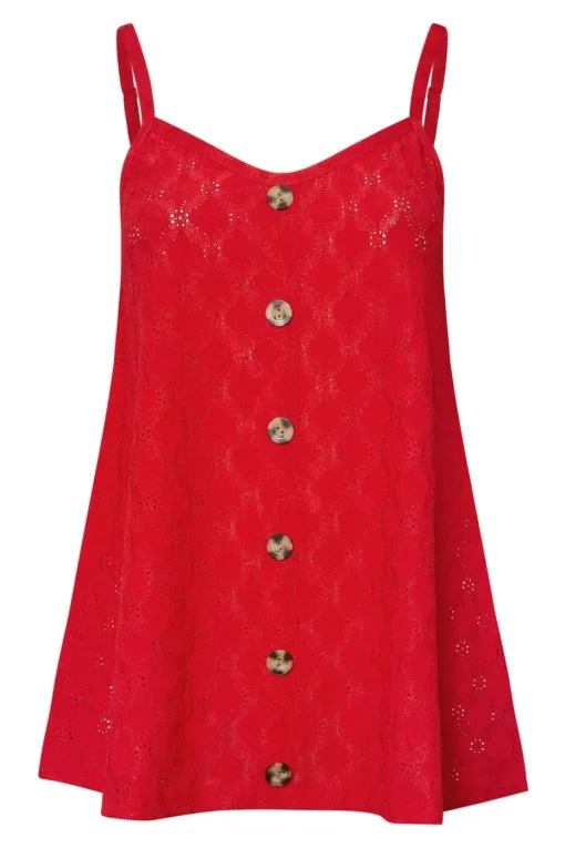 Yours Curve Red Broderie Anglaise Button Vest Top
