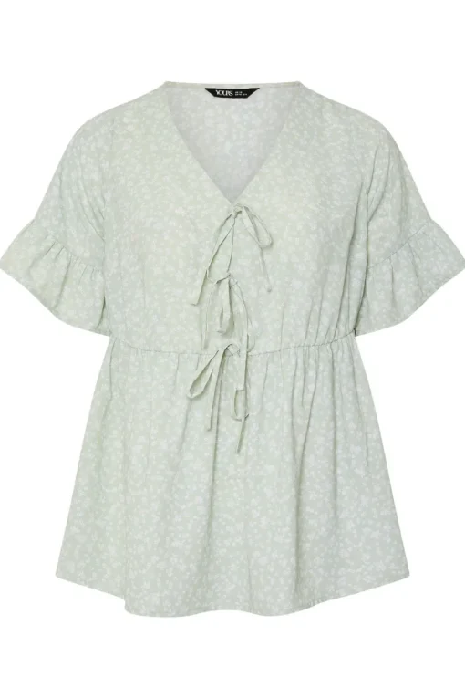 Yours Curve Sage Green Ditsy Floral Tie Front Peplum Top