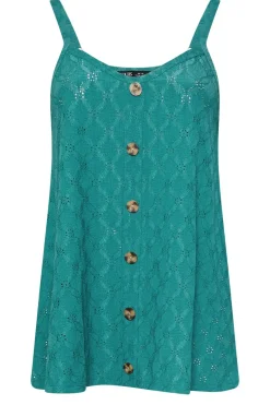 Yours Curve Teal Green Broderie Anglaise Button Vest Top