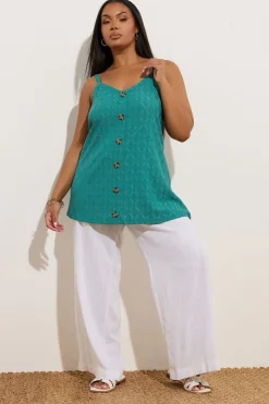 Yours Curve Teal Green Broderie Anglaise Button Vest Top