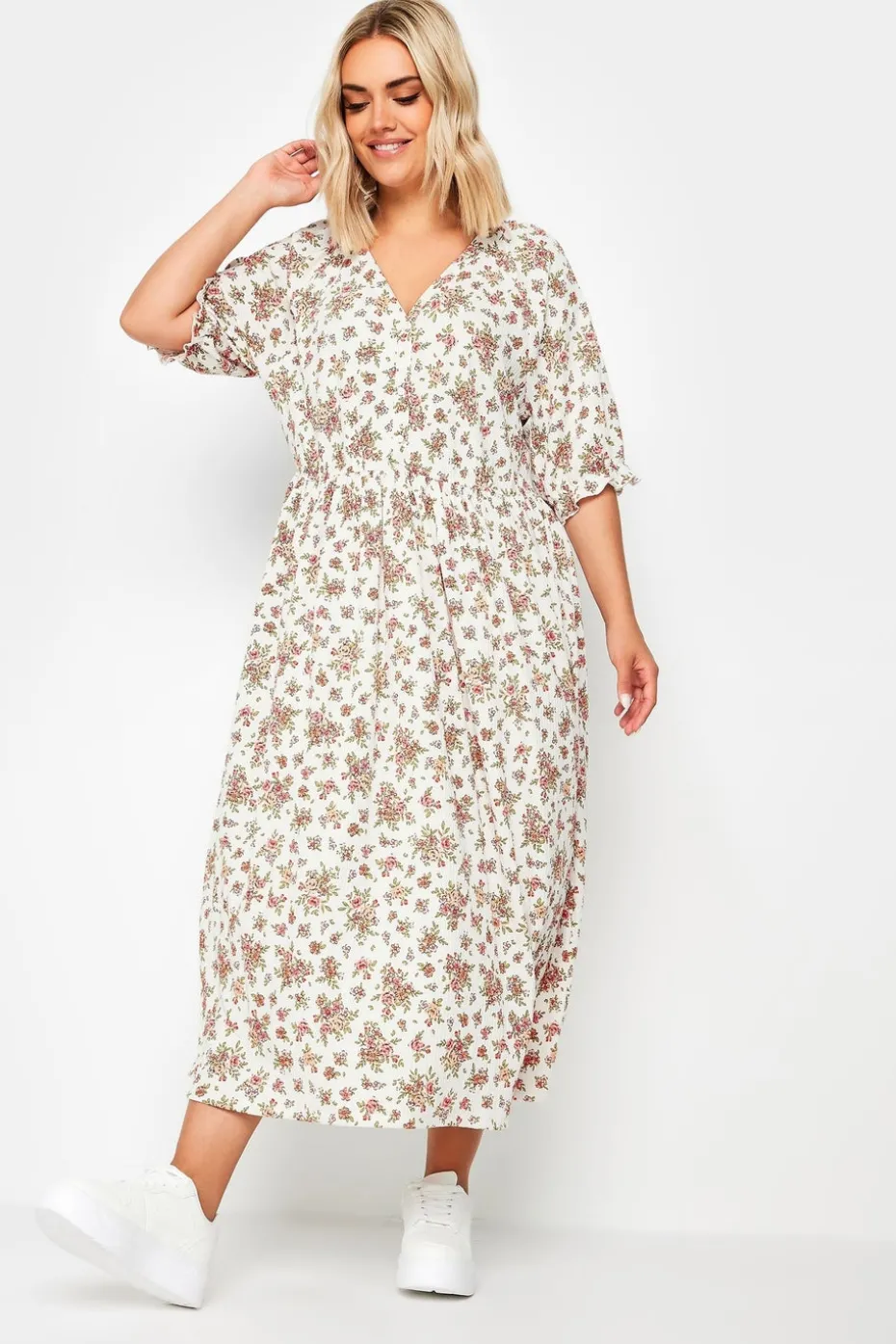 Yours Curve White & Pink Vintage Floral Textured Midaxi Dress