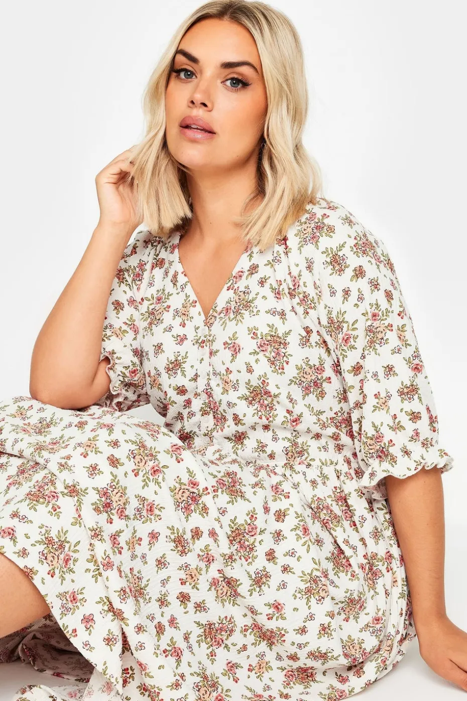 Yours Curve White & Pink Vintage Floral Textured Midaxi Dress