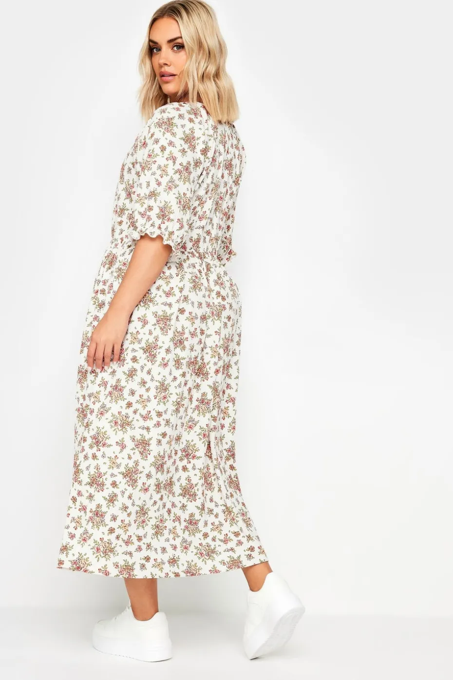 Yours Curve White & Pink Vintage Floral Textured Midaxi Dress