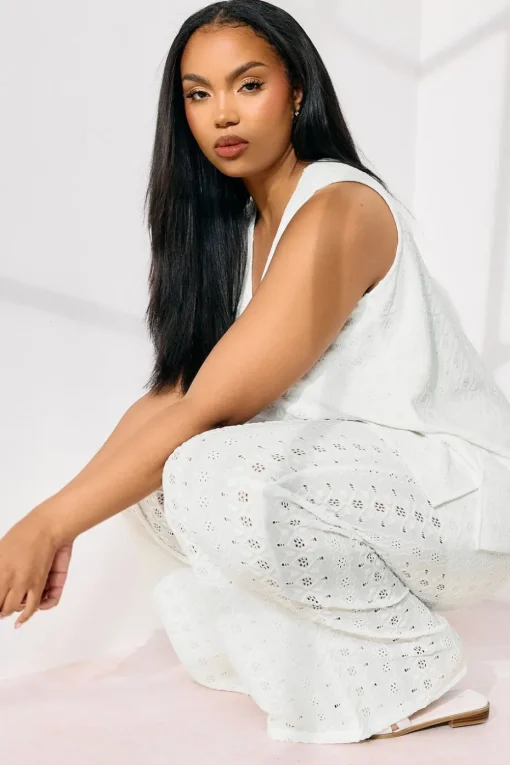 Yours Curve White Broderie Anglaise Wide Leg Trousers