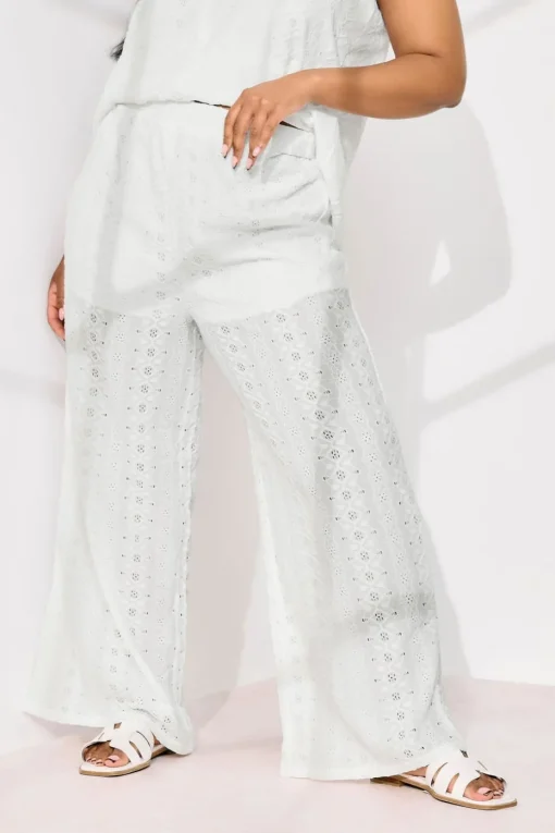 Yours Curve White Broderie Anglaise Wide Leg Trousers