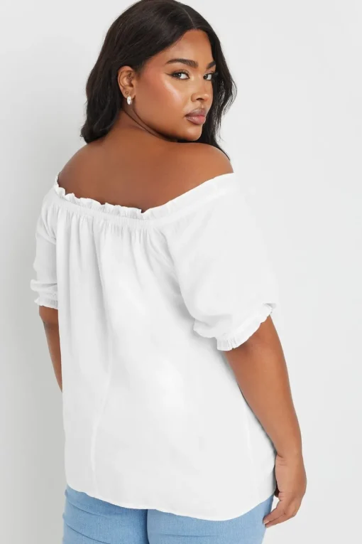 Yours Curve White Chambray Button Detail Bardot Top