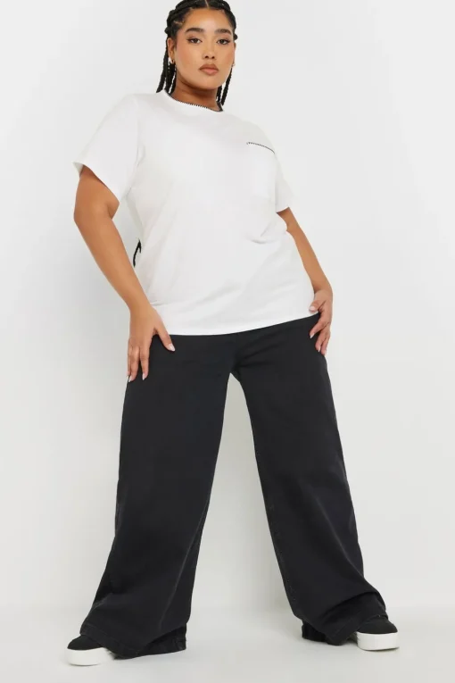 Yours Curve White Contrast Stitch Heavyweight Pocket T Shirt