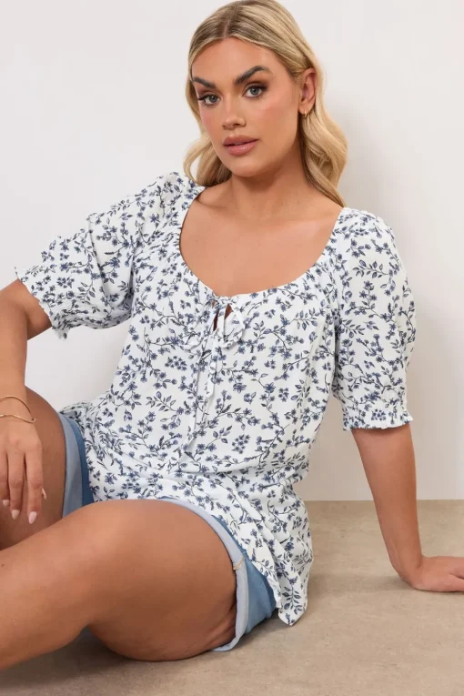 Yours Curve White Floral Print Tie Front Top