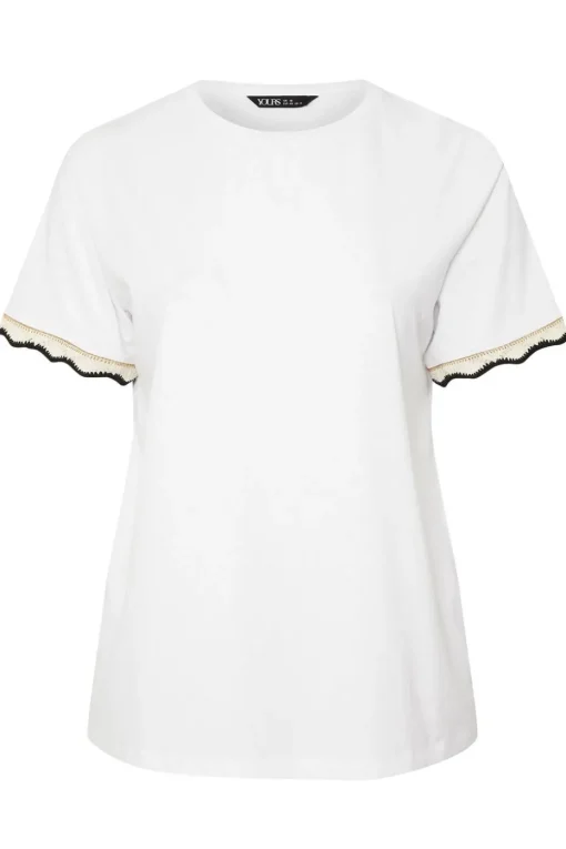 Yours Curve White Metallic Crochet Trim T-Shirt