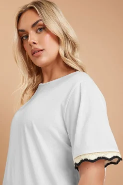 Yours Curve White Metallic Crochet Trim T-Shirt