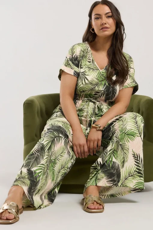 Yours Curve White Palm Print Tie Front Jumpsuit