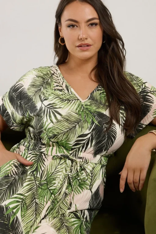 Yours Curve White Palm Print Tie Front Jumpsuit