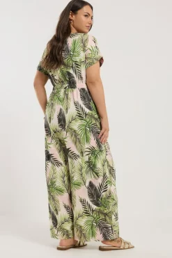 Yours Curve White Palm Print Tie Front Jumpsuit