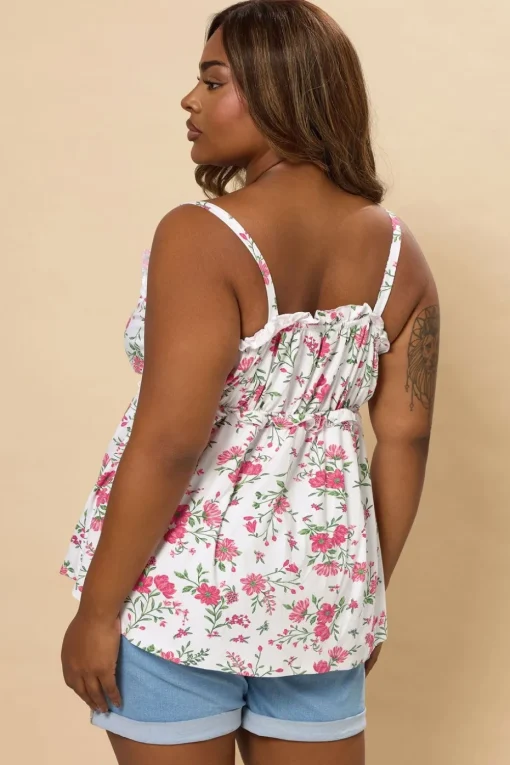 Yours Curve White Rose Frilled Tie Front Cami Top