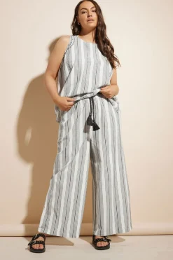 Yours Curve White Stripe Belted Wide Leg Linen Trousers