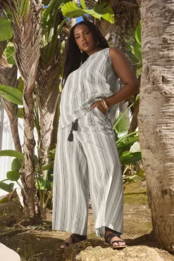 Yours Curve White Stripe Belted Wide Leg Linen Trousers