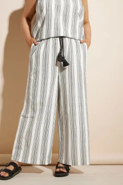 Yours Curve White Stripe Belted Wide Leg Linen Trousers
