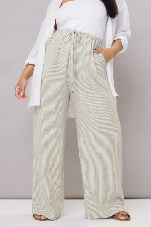 Yours Curve White Striped Linen Tie Front Trousers