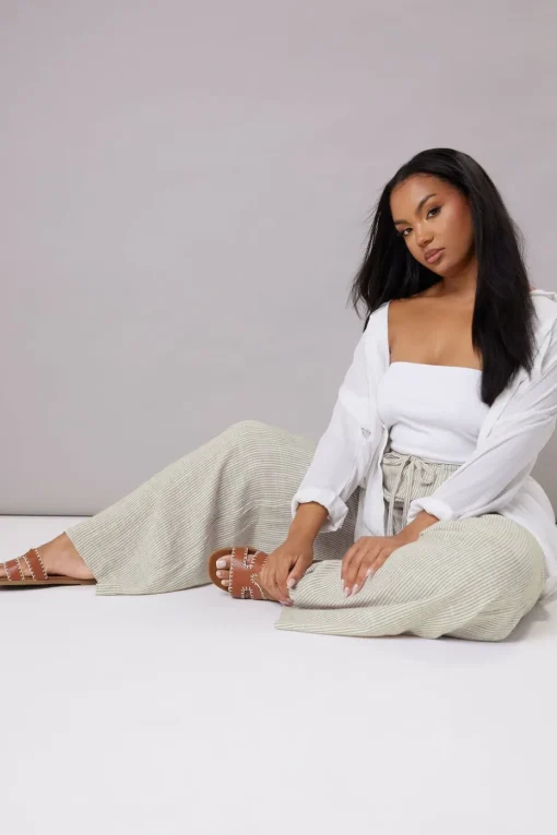 Yours Curve White Striped Linen Tie Front Trousers