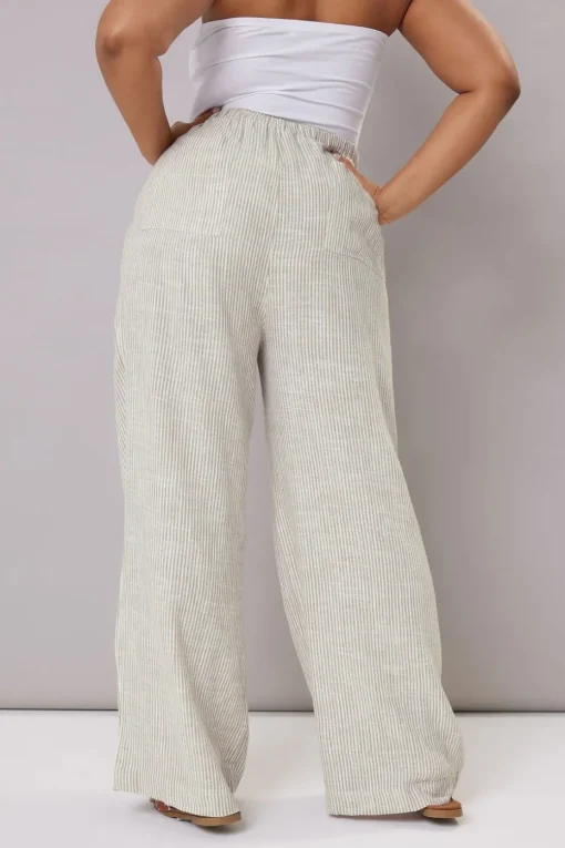 Yours Curve White Striped Linen Tie Front Trousers