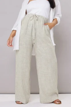 Yours Curve White Striped Linen Tie Front Trousers