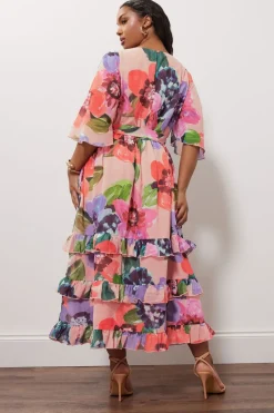Yours London Curve Pink Floral Print Tiered Maxi Dress